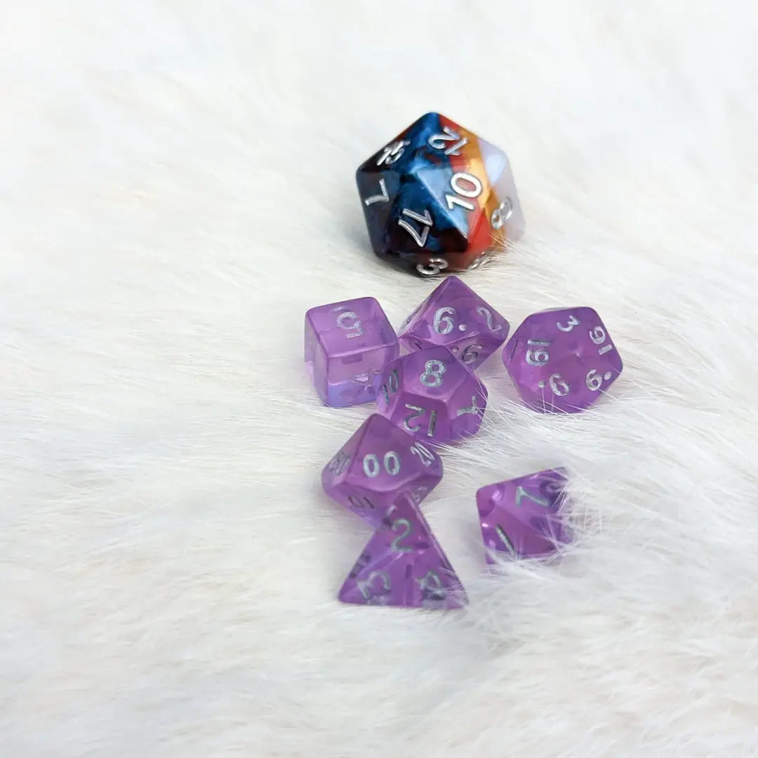 Purple Mini Dice Set. 7 Piece Polyhedral DND Dice