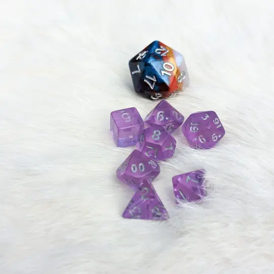 Purple Mini Dice Set. 7 Piece Polyhedral DND Dice