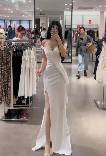 White off-the-shoulder waist-cinching slim-fit bodycon sexy slit-hem prom dress R7925