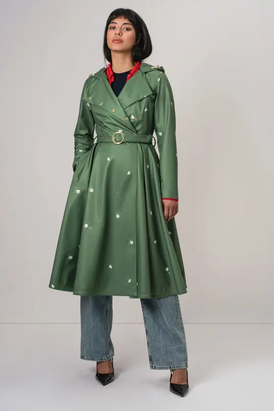 Double Breasted Trench Coat in Green with Flower Print | Primrose in Bloom