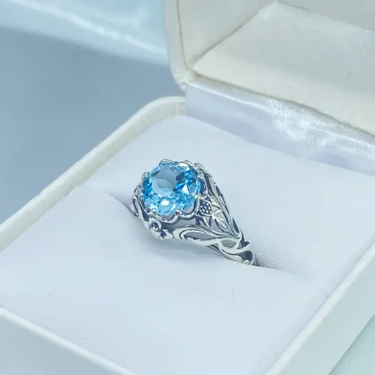 Natural Blue Topaz Ring, Size 6, Daisy Filigree Victorian Jewelry #D66 - Ready to Ship