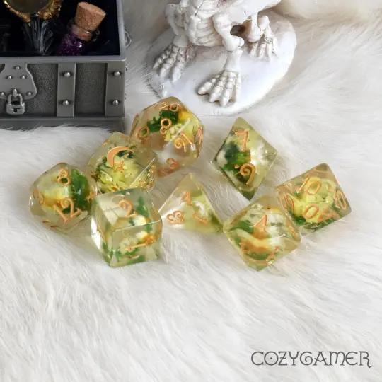 Yellow Flower and Moss Dice Set. 8 Piece Dried Floral Dice Set