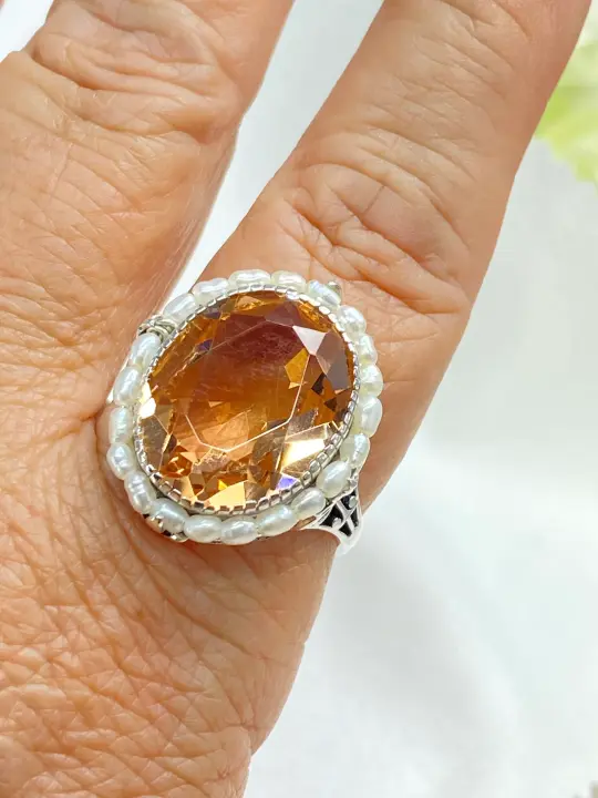 Peach Topaz Ring, Size 10.5, Pearl Accent Silver Filigree, Victorian Jewelry #D3 - Ready to Ship