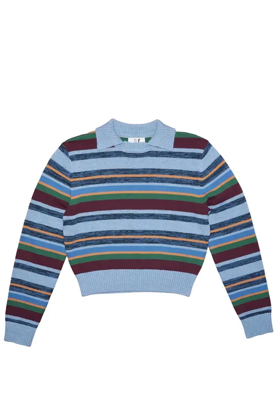 Collared Cotton Sweater 70's Blue Stripe