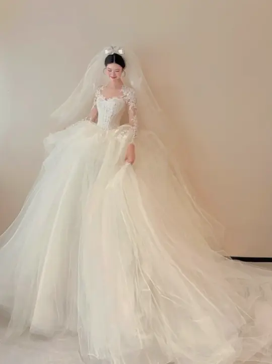 White lace top waist slim fit puffy skirt tulle long dress bridal dress R6029