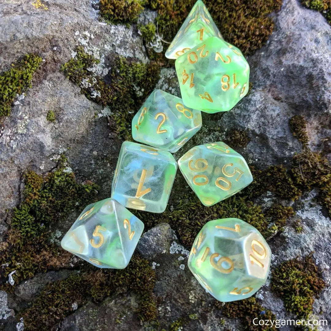 Water Serpent Dice Set – 7-Piece Clear Emerald Azure Swirls Resin DnD Dice
