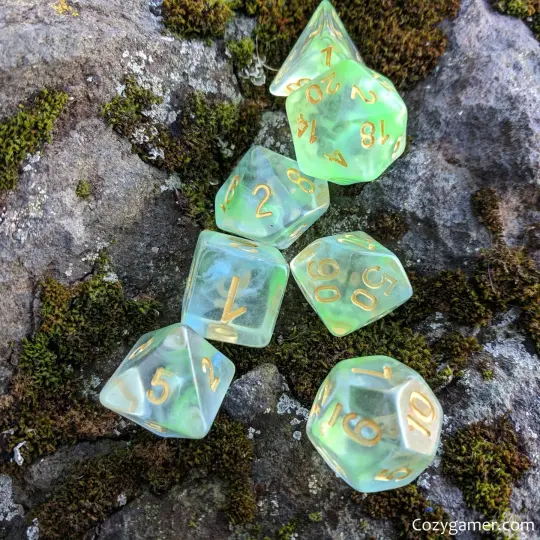 Water Serpent Dice Set – 7-Piece Clear Emerald Azure Swirls Resin DnD Dice