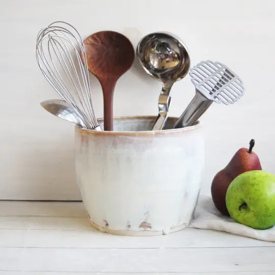 Rustic Utensil Holder in Dripping White and Ocher Glaze, Kitchen Crock Made in USA