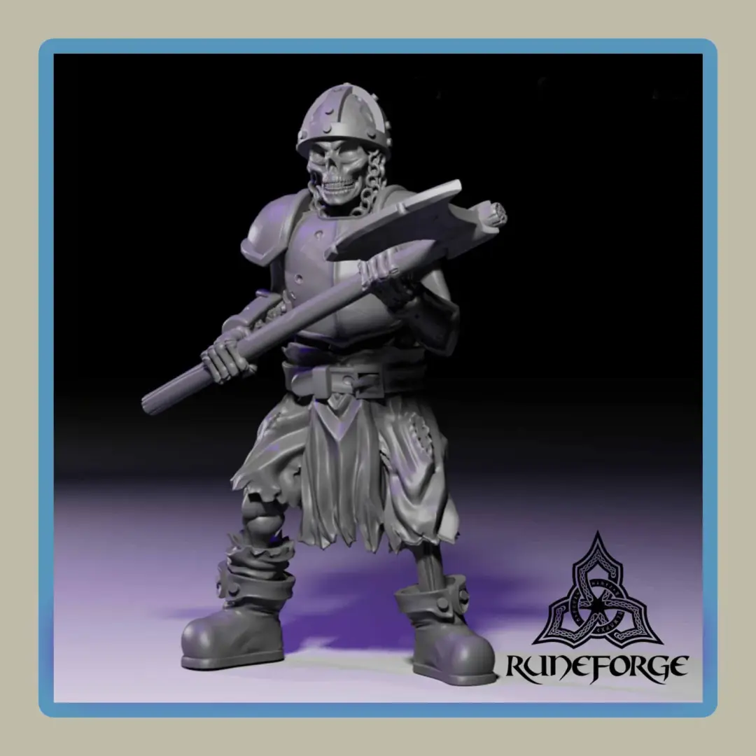 render of 28mm miniature undead armored skeleton wielding 2 handed axe