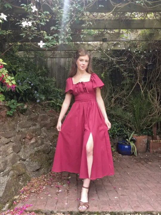 Milkmaid Dress (Butterfly sleeves, ruching bust bow, shirred waistband, leg slit)