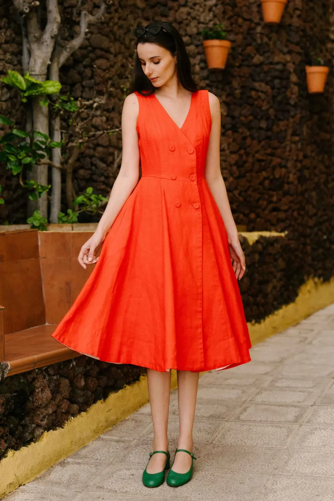 Rosa – Midi Linen Dress with Double-Button Front