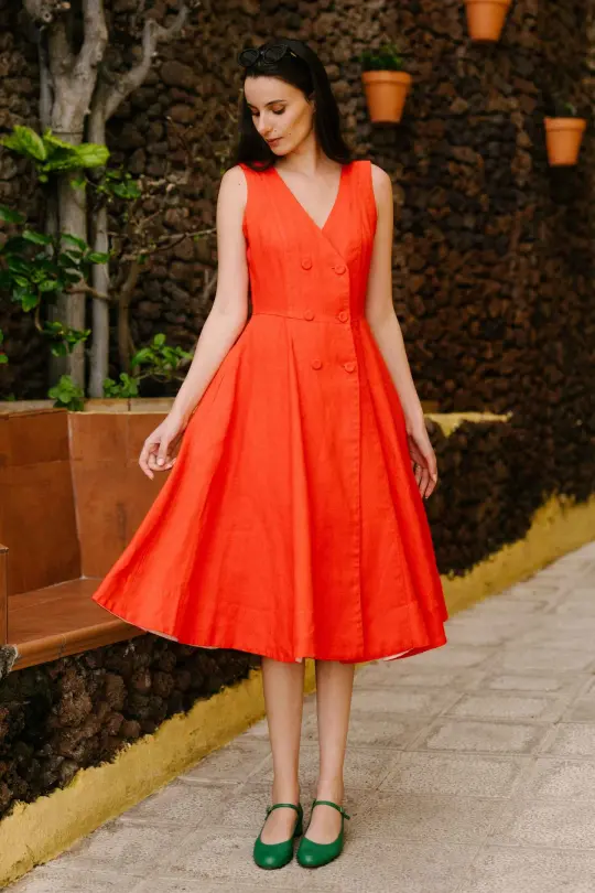 Rosa – Midi Linen Dress with Double-Button Front