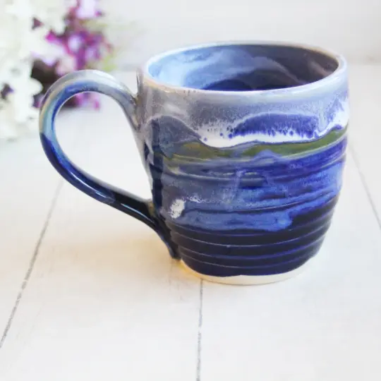 Handcrafted Pottery Mug in Dripping Blue Glazes, 12 Ounce Gorgeous Artful Mug, Made in USA
