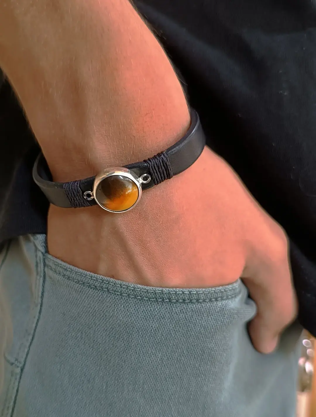 Tiger’s Eye Black Leather Bracelet | The Watcher at the Threshold Silver 925 Talisman