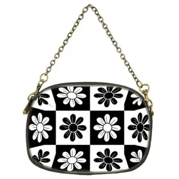 Gingham Floral Black White Chain Purse Two Side Print