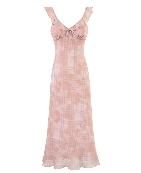 French ruffled pink plaid suspender dress 2025 new long skirt R2594