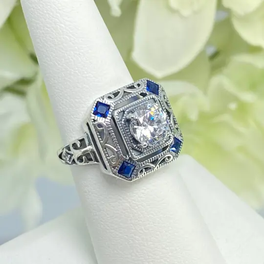 Art Deco Ring, Size 7, Blue Sapphire Vintage Revival Jewelry #D68 - Ready to Ship