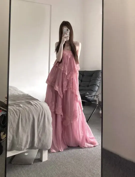 Girlish Flowy Ruffled Women's Prom Gown Pink Waist Fitted Maxi Evening Dress Birthday Dress — Fall Outfit 2026 New RS3233