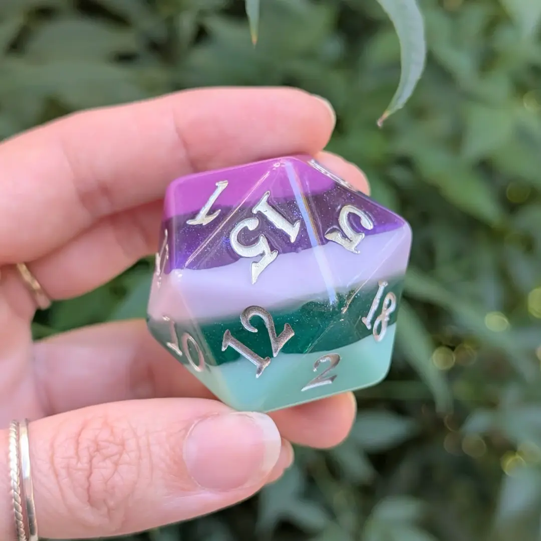 Large D20 Fae Dragon – Oversized Purple & Teal Resin Die for DnD | Fennek & Finch