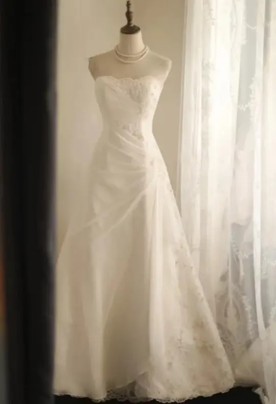 White strapless fitted A-line long ball gown R6780