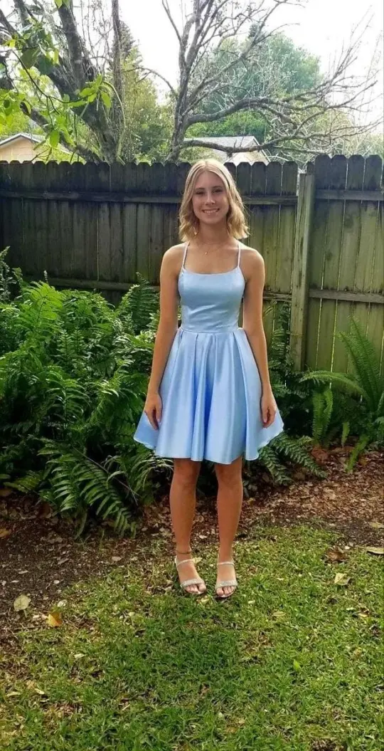 Blue halter waist A-line short skirt homecoming dress R5571