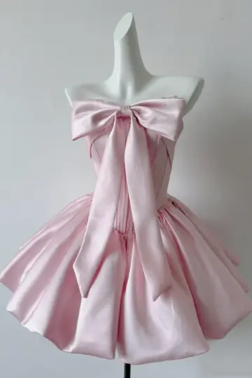 Cute Blush Pink A-Line Bow-Strapless Bodycon Mini Birthday Dress Homecoming Dress RS360