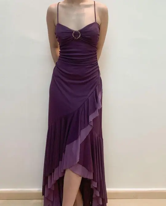 Purple suspenders slim waist irregular skirt homecoming dress R2772