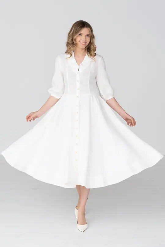 Ophelia – Puff Sleeve Ruffled V-Neck Linen Midi Dress