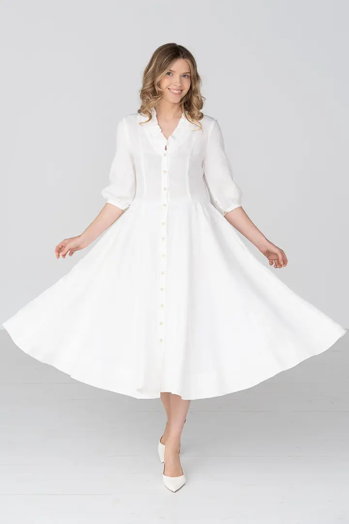 Ophelia – Puff Sleeve Ruffled V-Neck Linen Midi Dress