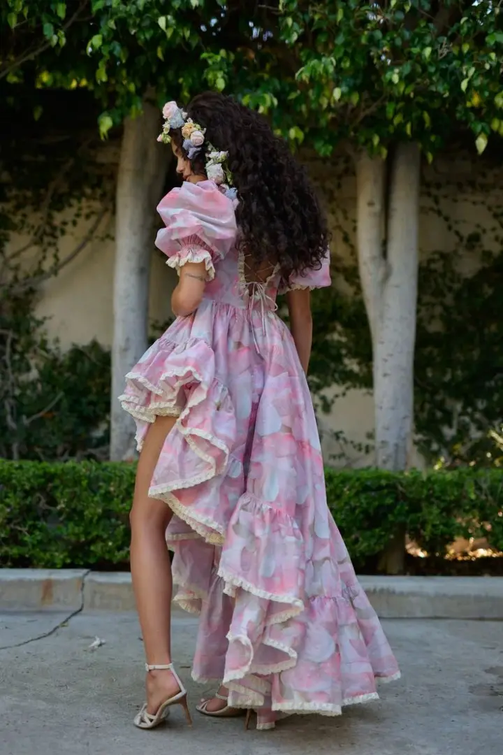 CottageCore Chiffon Flowy Asymmetrical Hem Prom Gown Pink Women's Maxi Birthday Dress Casual Dress RS2997
