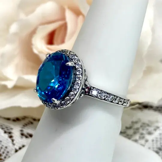 Aqua CZ Halo Ring - Size 5, White CZ Accent Gems, Art Deco Sterling Silver Filigree #D228 - Ready to Ship