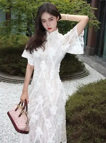 Elegant White Sheath High Collar Lace Maxi Prom Dress RS635