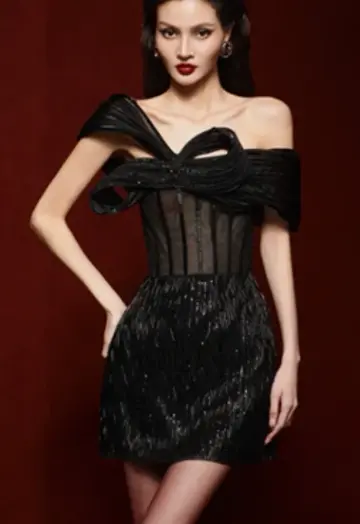 Black design asymmetrical neckline waist slim hip skirt homecoming dress R4736