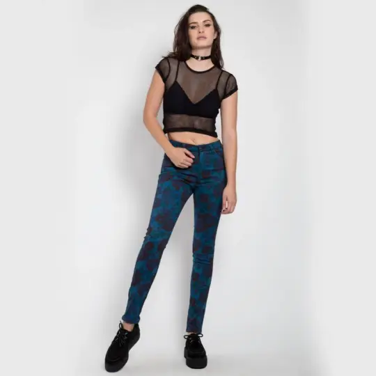 High-Waisted Teal Floral Skinny Jeans in Stretch Twill