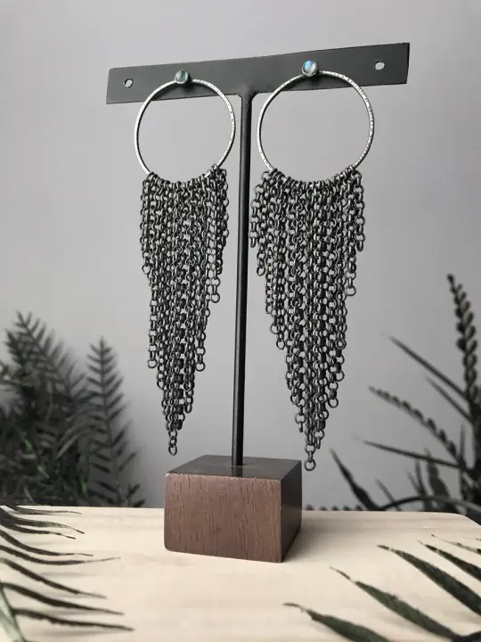 Hoop Fringe Earrings - Silver, Labradorite and Blackened Steel Chain