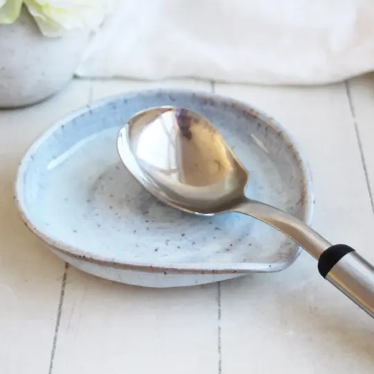 Large Spoon Rest in Icy Blue Glaze, Speckled Stoneware Utensil Dish, Made in USA