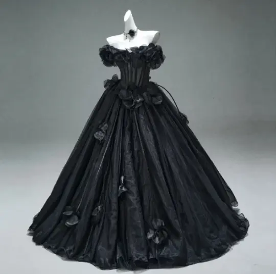 Puffy Sleeveless Pleated Corset Prom Gown ,Hazy Black Maxi Evening Dress RS2065