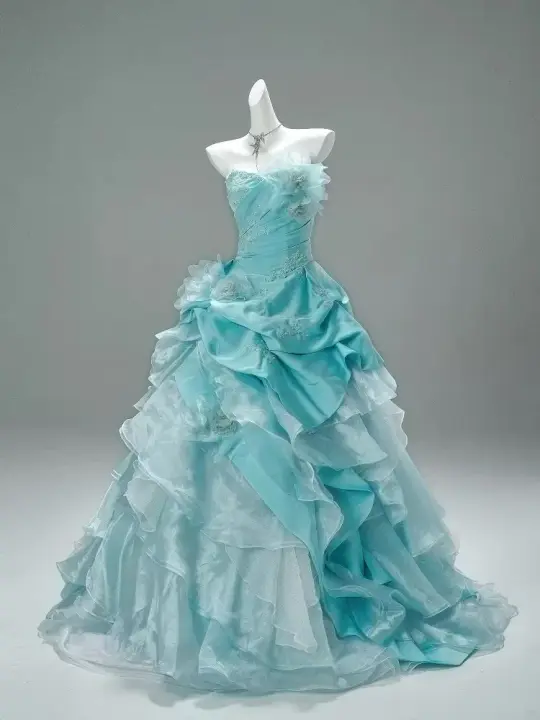 Lake blue tube top waist slim fit puffy long dress bridal gown R5750