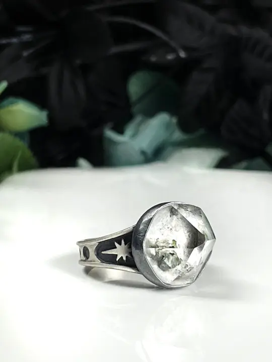 Herkimer Quartz "Meteor" Style Ring - Size 10