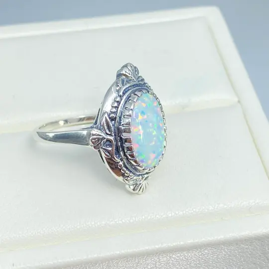 Opal Ring, Size 7, Oval Wreath Filigree Ring - Vintage Art Nouveau Style Ring D74 - Ready to Ship