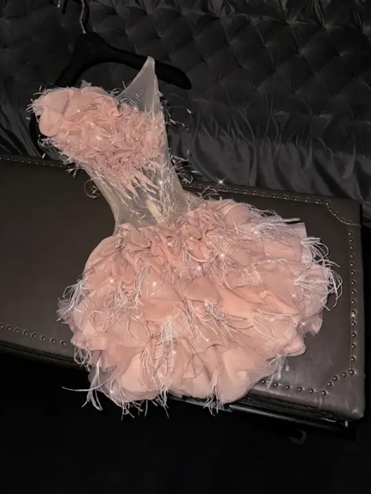 Light pink sleeveless fitted waist short ball gown with floral skirt R8801