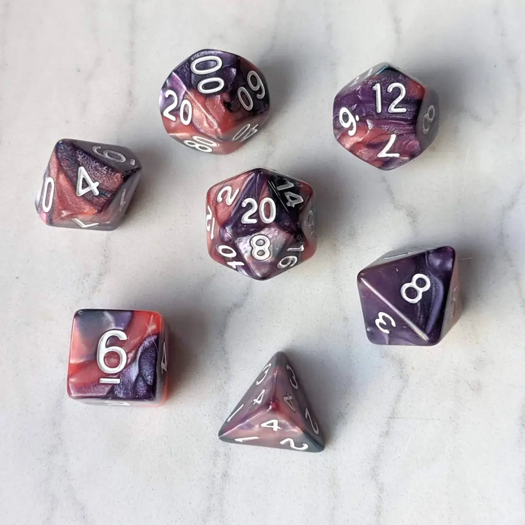 Purple Rose Pearly DnD Dice Set - Marbled 7 Piece RPG Dice for Dungeons and Dragons