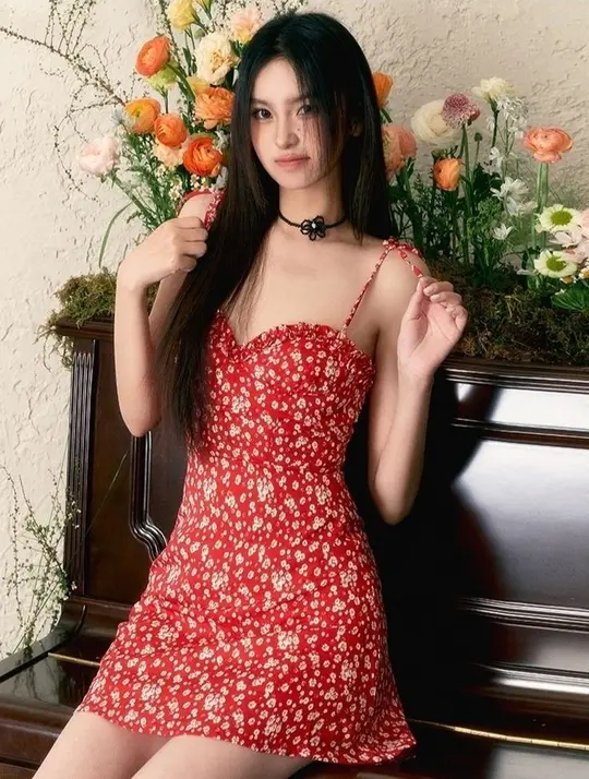 Red retro floral suspenders slim waist A-line short skirt homecoming dress R3273