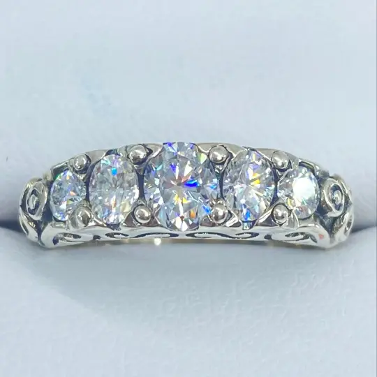 Moissanite Ring, Size 6, Faux Diamond 5-stone Georgian Victorian Jewelry #D19 - Ready to Ship