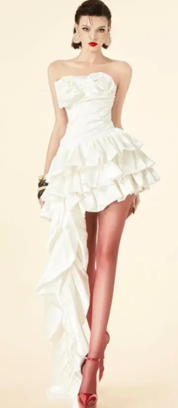 Apricot tube top waist slim fit A-line cake skirt short skirt homecoming dress R4446