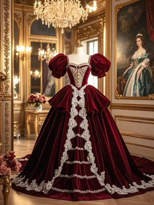 Red puffed-sleeve square-neck waist-cinching slim-fit ballgown long prom dress R7928