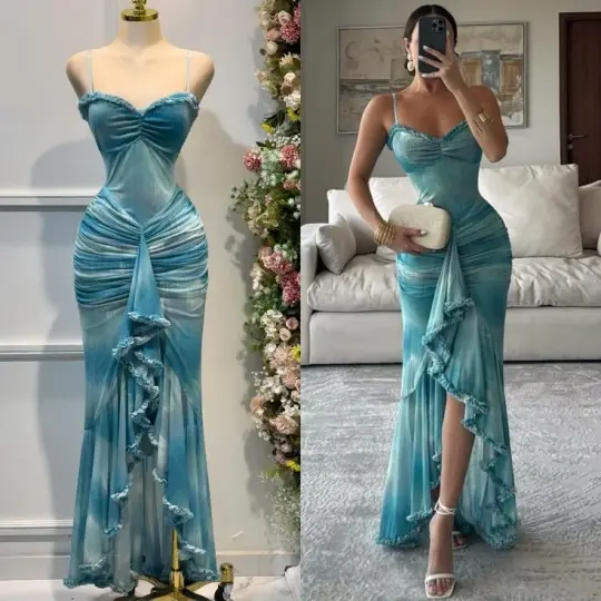 Light green suspender waist slim sexy dress, prom dress R5293