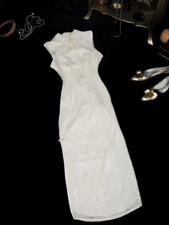 Apricot white sleeveless fitted waist slim-fit midi ball gown with classic elegance R6849