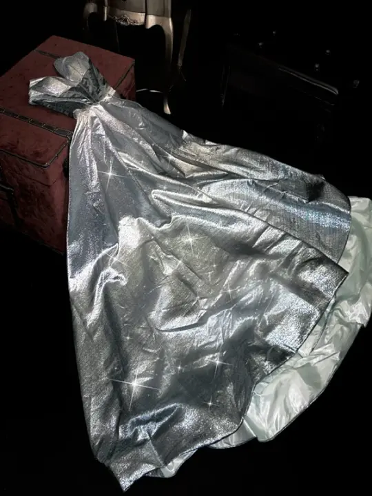 Silver strapless fitted long ball gown R7054