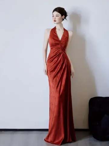 French Retro Burgundy Mermaid Halter Long Dress with Ribbon Trim Quinceanera Dress Evening Dress RS044